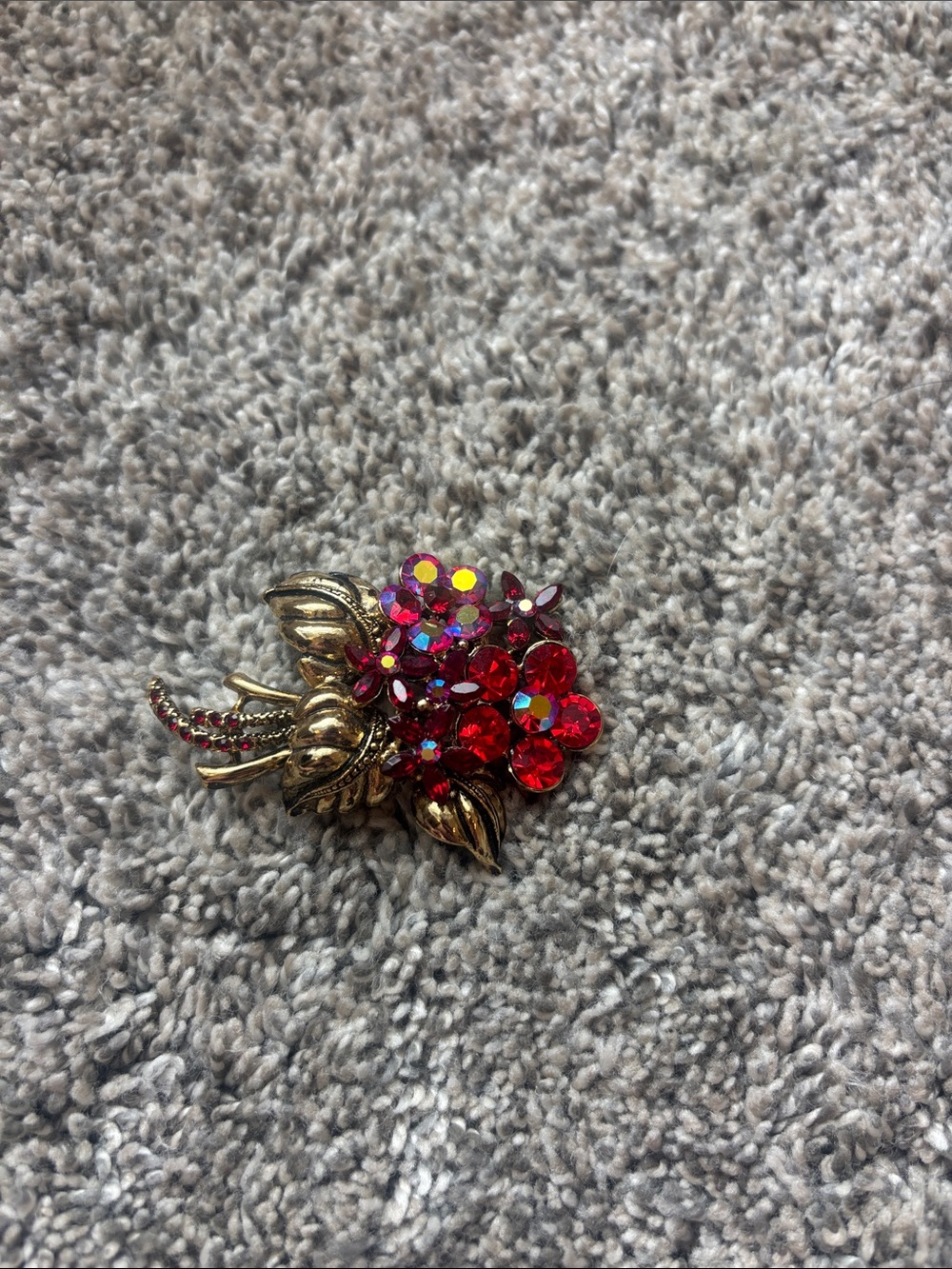 Gold-Tone Red Crystal Floral Brooch - Unbranded